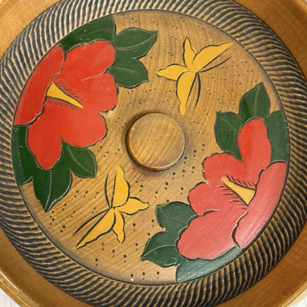 Antique Carved Wood Hand Turned Lacquered Snack Bowl